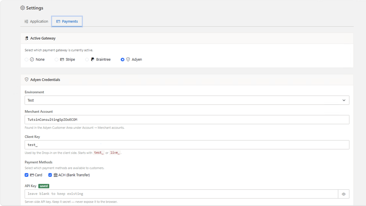 Admin payment settings — select Adyen, Stripe, or Braintree and configure credentials