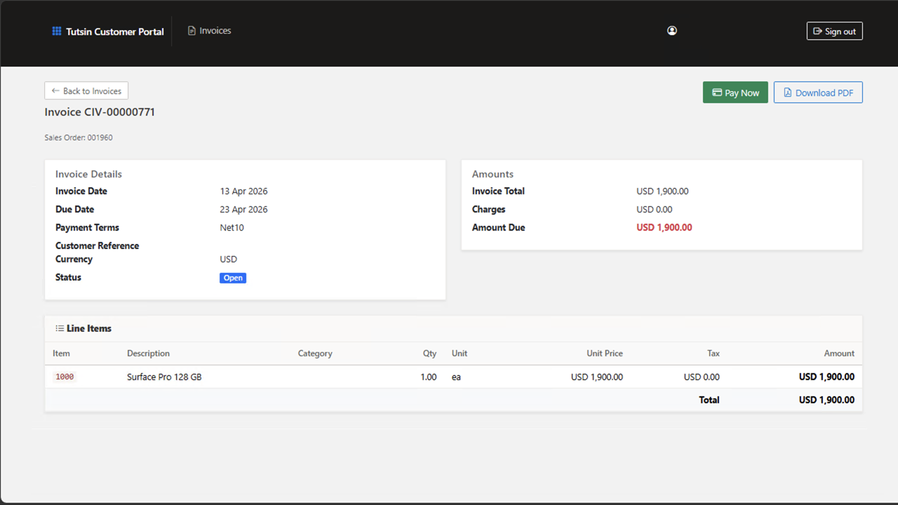 Customer invoice detail page with Pay Now button — CustPortal365 Dynamics 365 portal