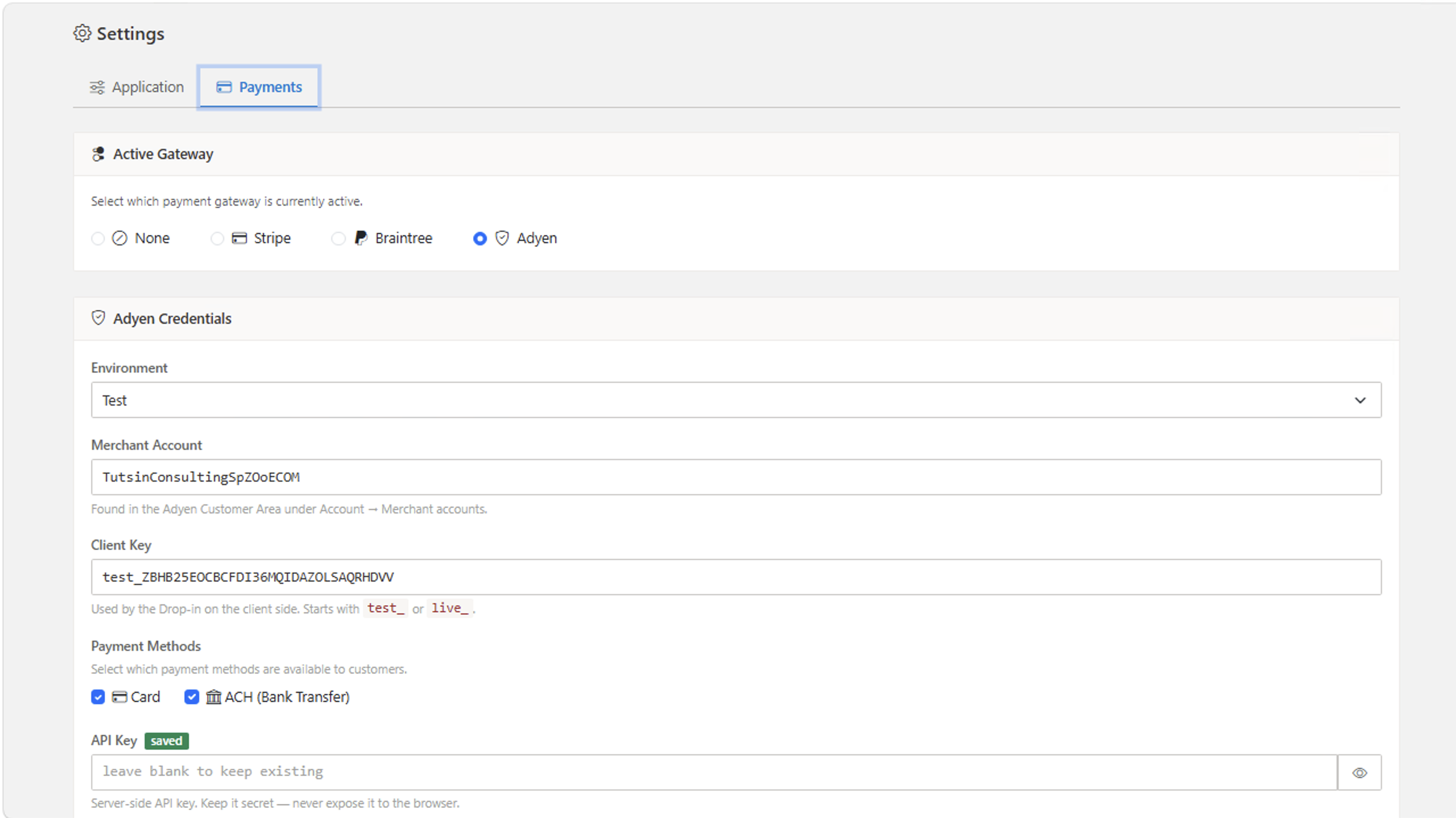 Admin payment settings — select Adyen, Stripe, or Braintree and configure credentials